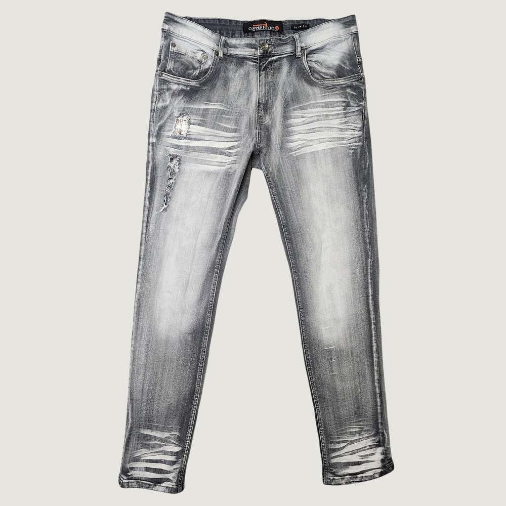 Copper Rivet Men's 38x32 Gray Acid Wash Distressed Slim Fit Jeans Streetwear